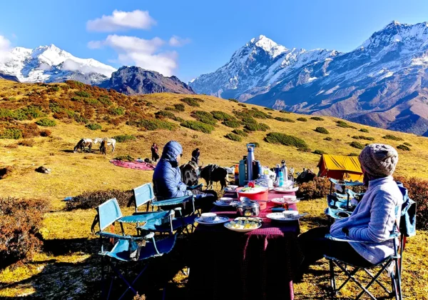 Trekkers at Dzongri Meadow with Kanchenjunga and Mount Pandim in the background on the Dzongri Trek in Sikkim.