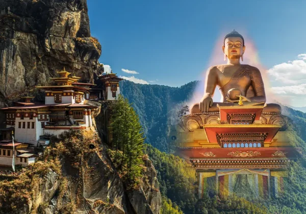 Tiger's Nest Monastery and giant Buddha Dordenma statue in Bhutan.