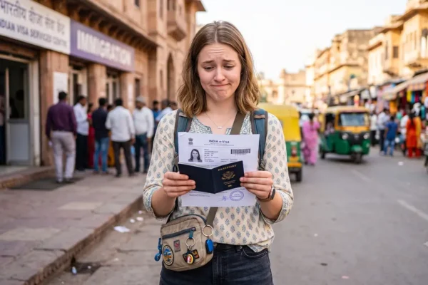 A photograph of a confused young foreign tourist holding indian visa passport in hand.